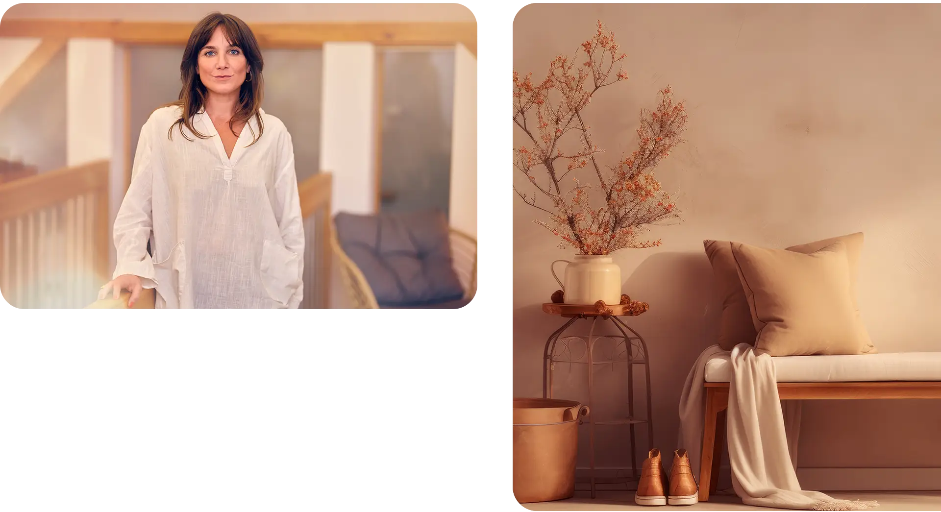 Janna Raphaela Odesser steht in einem hellen Raum und blickt ruhig in die Kamera, daneben eine warme Innenszene mit Bank, Kissen und Vase