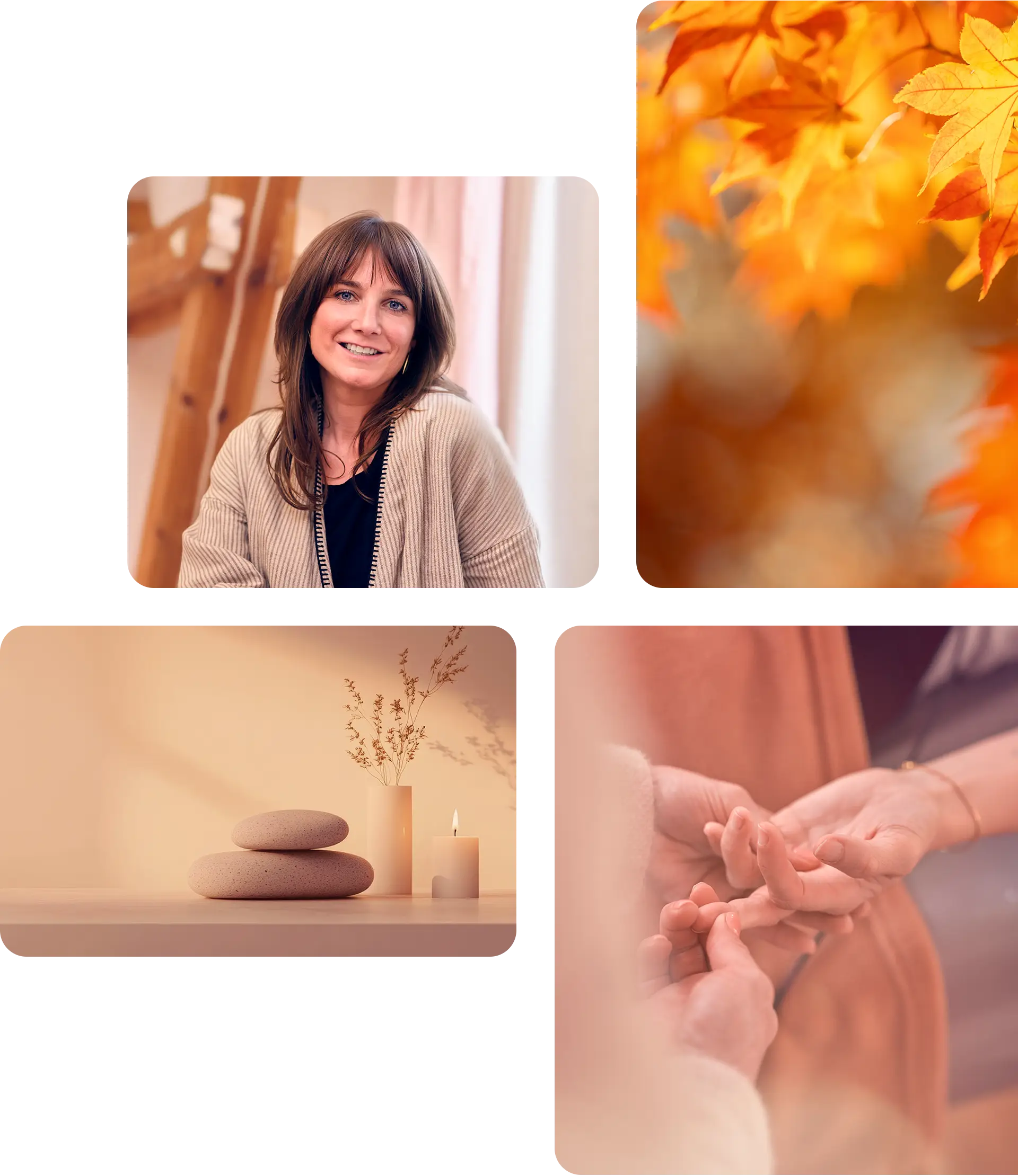 Vier geteilte Bilder mit Janna Raphaela Odesser, Herbstlaub, Steinen mit Kerze und Händen in sanfter Berührung